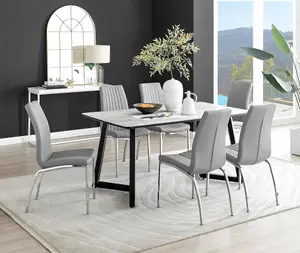 Furniturebox UK Carson White Marble Effect Dining Table & 6 Grey Isco Chairs