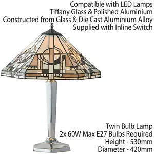 Tiffany Glass Table Lamp Light Polished Aluminium & Art Deco Hex Shade i00218