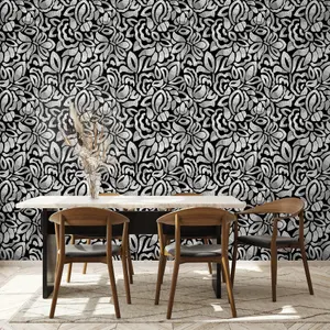 Galerie Pepper Lana Black Flocked Fabric Brussels Floral Lace Wallpaper