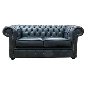 Chesterfield Handmade 2 Seater Sofa Settee Cracked Wax Black Real Leather In Stock