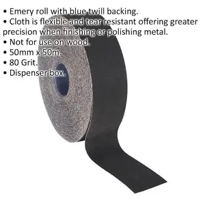 Blue Twill Emery Roll - 50mm x 50m - Flexible & Tear Resistant - 80 Grit