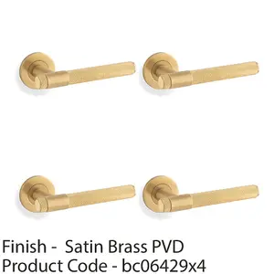 4 PACK - SOLID BRASS Knurled Door Handle Set - Satin Brass Bar Lever on Round Rose