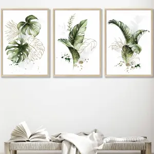 Set of 3 Framed  Framed Green and Gold Botanical Leaves / 50x70cm / Oak