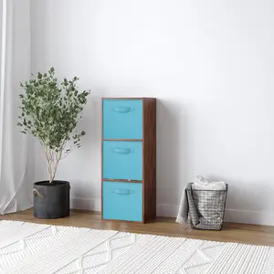 URBNLIVING 80cm Height 3 Cube Teak Wooden Shelves Cubes Cupboard Storage Units With Sky Blue Drawer Insert