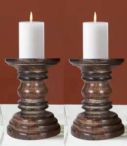 Rustic Antique Carved Wooden Pillar Church Candle Holder Light Brown, Medium 19cm High