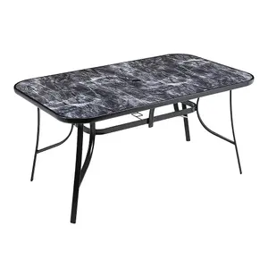 150 x 90cm Outdoor Garden Marble Texture Coffee Table with Tempered Glass Top and Parasol Hole, Black