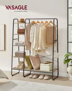 VASAGLE Clothes Rail, Clothes Rack with Shoe Shelf, 5-Tier Storage Rack, 6 Side Hooks, Turquoise Brown and Matte Black