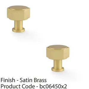 2 PACK - Industrial Hex Cabinet Door Knob - 33mm Satin Brass Cupboard Pull Handle