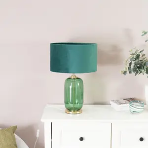 ValueLights Leigh Forest Green Glass and Gold Detail Table Lamp with Velvet Drum Shade