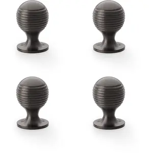 4 PACK - Reeded Ball Door Knob - 25mm Diameter Dark Bronze Lined Cupboard Pull Handle