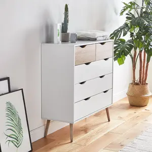 VonHaus Chest Of Drawers, 5 Drawer Dresser, White & Oak Wood Effect Storage Cabinet for Bedroom w/Tapered Legs & Cut Out Handles