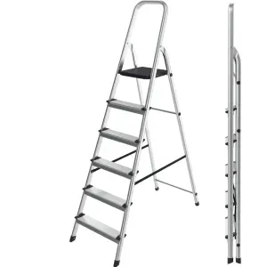 Lightweight Step Ladders 6 Step 187cm Max Load 150 kg - Compact Aluminium Portable Stepladder - Heavy Duty Tall Folding Ladder