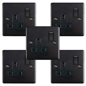 5 PACK 1 Gang Single UK Plug Socket MATT BLACK 13A Switched Power Outlet