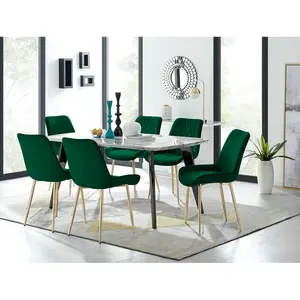 Anders Modern High Gloss Marble Effect Dining Table Set with 6 Luxury Velvet Dining Chairs Green/Gold