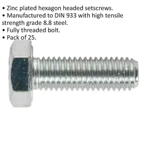 25 Pack M10 x 30mm HT Setscrew - Grade 8.8 Zinc Coated Fully Threaded Bolts