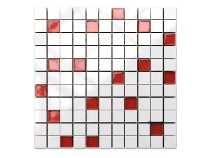 Ceramic mosaic with glass inserts on mesh for bathroom or kitchen 300mm x 300mm - White-red