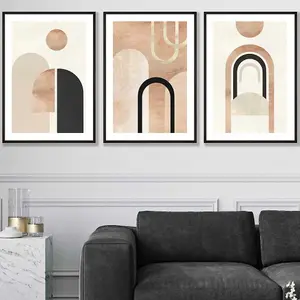 Set of 3 Mid Century Terracotta and Black Arches Wall Art Prints / 50x70cm / Black Frame