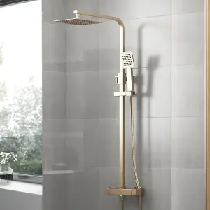 Nes Home Square Twin Head Exposed Valve Thermostatic Shower Mixer Set Brushed Gold