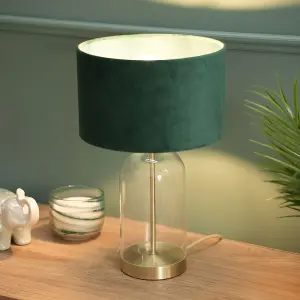 ValueLights Jessy Glass and Gold Metal Bedside Table Lamp with a Forest Green Velvet Lampshade - Bulb Included