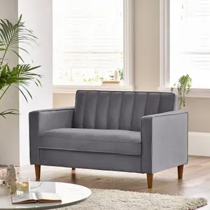 Furniturebox UK Velvet Sofa - 'Kit' 2 Seater Upholstered Grey Fabric Sofa - Vertical Stitching - Modern Living Room Furniture