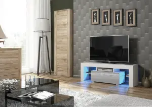 Floe TV Unit 130cm White & Grey with High Gloss Doors and LED Lighting - Creative Furniture