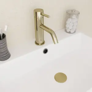 Nes Home Deck Mounted Gloss Round Single Lever Basin Mono Mixer Tap Gold + Slotted Brushed Brass Waste