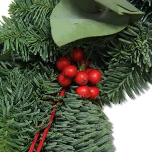 Real Christmas Wreath with Fresh Eucalyptus and Red Berries - 30cm/12" - Noble Fir Wreath For Indoor/Outdoor Christmas Decoration