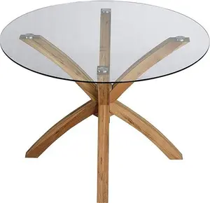 Lugano Glass & Oak Round Dining Table, Glass Top Solid Oak Legs, Modern Designer Dining Furniture Modern Wooden - Cherry Tree Furniture - Dining