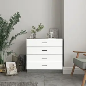 URBNLIVING Height 73cm 4 Drawer Wooden Bedroom Chest Cabinet Modern Ash Grey Carcass and White Drawers Wide Storage Cupboard Close