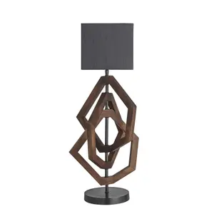 Industville Wooden Geometric Polygon Table Lamp in Walnut with White Small Cube Lampshade