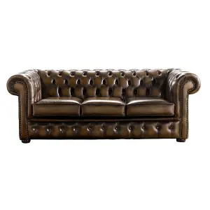 Chesterfield 3 Seater Antique Tan Real Leather Sofa Bespoke In Classic Style