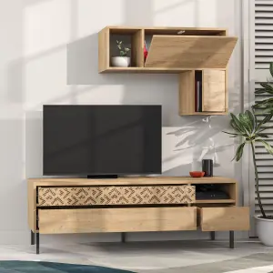 Decortie Heaton Modern TV Unit Oak with Storage and Wall Shelf 144.6cm