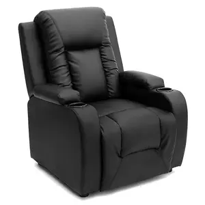 Manual Pushback Recliner Chair With Compact Living Room Design And Cup Holders In Black Bonded Leather