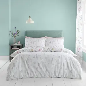 Catherine Lansfield Bedding Emilia Floral Reversible King Duvet Cover Set with Pillowcases White Green