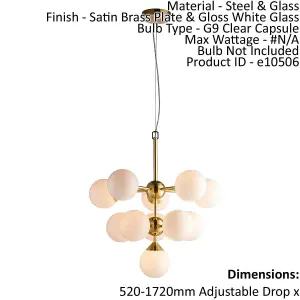 Ceiling Pendant Light Satin Brass Plate & Gloss White Glass 11 x 18W G9