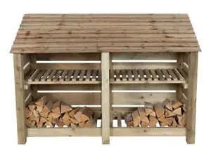 Slatted wooden log store with kindling shelf W-187cm, H-126cm, D-88cm - natural (light green) finish