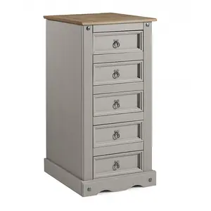 Mercers Furniture Corona Grey Wax 5 Drawer Narrow Chest Solid Pine with Mexican Styling