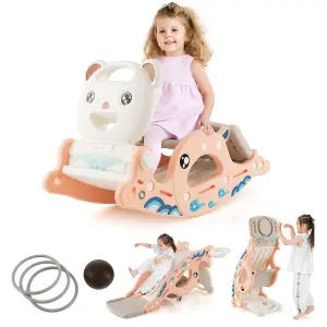 Costway 4-in-1 Kids Slide Rocking Toy Slide Rocking Horse w/ Basketball Hoop Ring