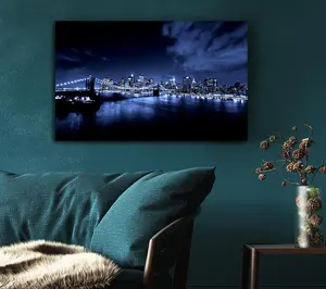 New York City Night Blues Glow Canvas Print Wall Art - Medium 20 x 32 Inches