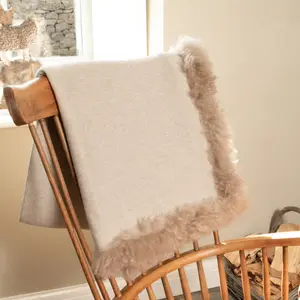 Woven Beige Wool Blanket Sheepskin Trim