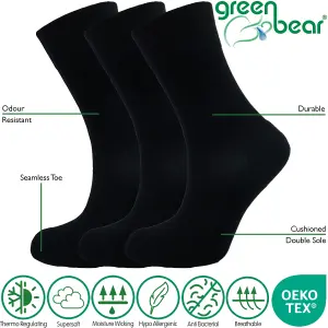 Green Bear Unisex Bamboo BLACK Colour Socks-size 9-11 Cushioned Sole - Soft & Antibacterial - 3 Pack