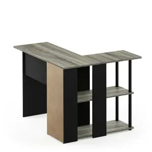 Furinno Abbott L-Shape Desk with Bookshelf, French Oak Grey/Black