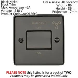 2 PACK 6A Extractor Fan Isolator Switch BLACK NICKEL & Black Trim 3 Pole Shower