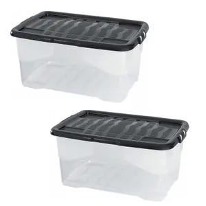 2 x 42 Litres Clear Transparent Base Curve Storage Containers With Black Lids For Home & Office