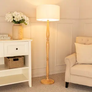 ValueLights Victoria Light Wood Candlestick Floor Lamp with Linen White Trim Drum Shade