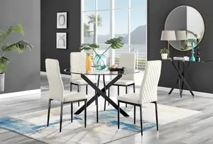 Furniturebox UK Novara Black Leg 120cm Round Glass Dining Table & 4 Cream Velvet Milan Black Leg Chairs