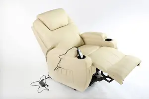 Rise Recliner Chair With Single Motor, Heat And Massage, Remote Control, Pocket Storage And Cup Holders In Cream Bonded Leather