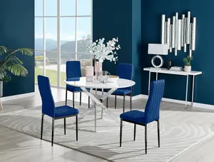 Furniturebox UK Novara White High Gloss 120cm Round Dining Table & 4 Navy Velvet Milan Black Leg Chairs