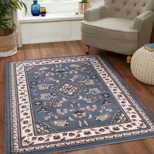 Blue Traditional Bordered Rug Easy to clean Dining Room-160cm X 230cm