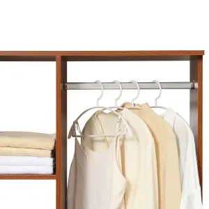 HOMCOM Rolling Open Wardrobe Hanging Rail Storage Shelves for Clothes, Walnut